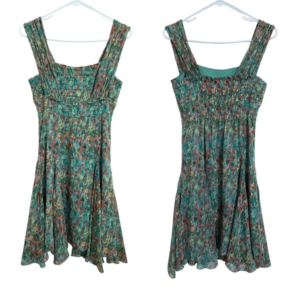 Watercolor Floral Smocked Asymmetrical Dress XS Green Boho Cottagecore Fairycore